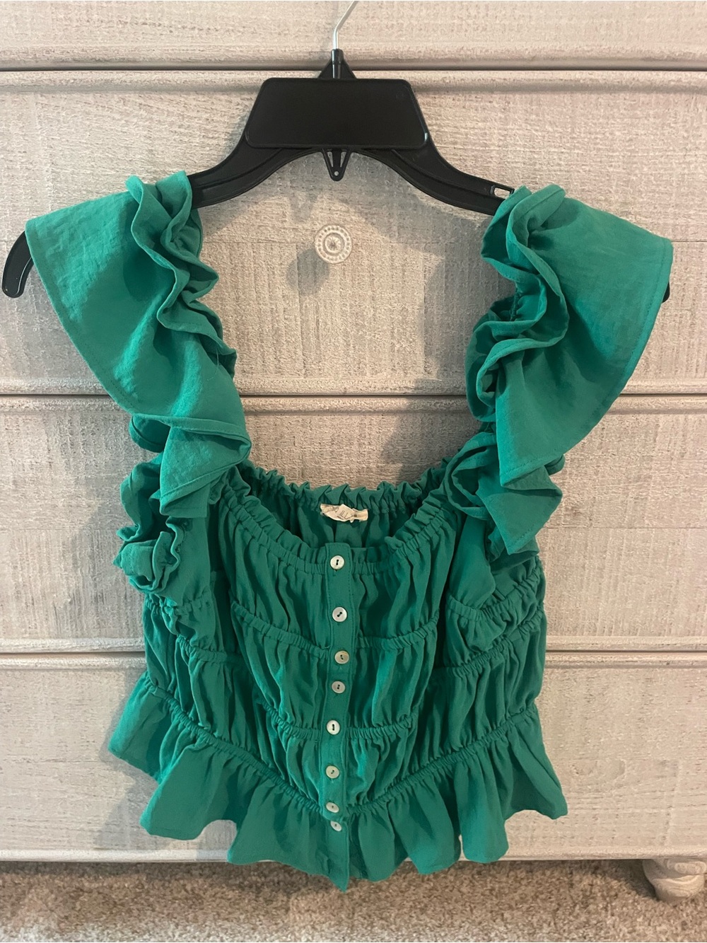Ruffled Sleeveless Green Button-Front Women's Top